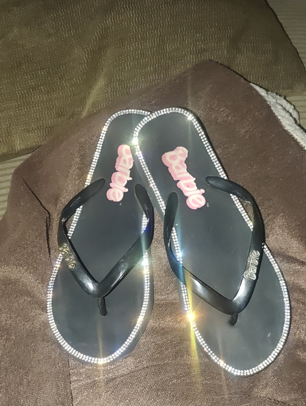 Barbie Black Flip Flops with Pink Logo and Rhinestone Trim